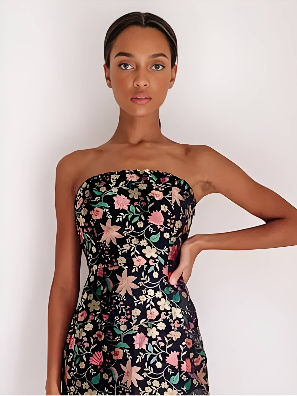 Lulus Make a Move Black Satin Floral Jacquard Strapless Midi Dress NWT - Picture 3 of 9